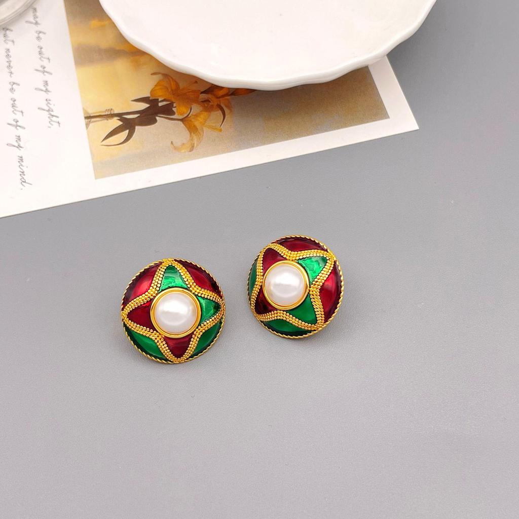 Retro Bunte Emaille Perlen Ohrclips: Modeschmuck-Ohrringe aus 18k vergoldetem Messing