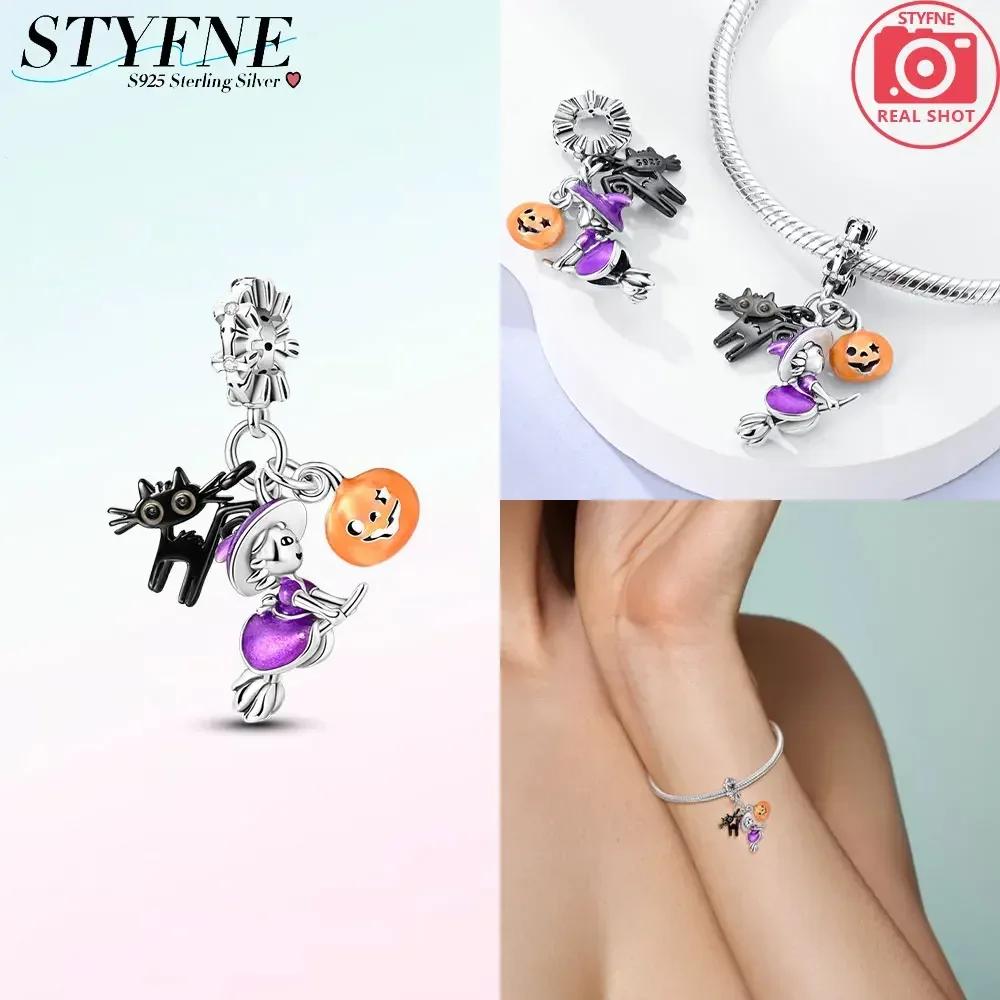 Halloween Leuchtender Magischer Hut Hexe Schwarze Katze Kürbis Charm Perle Kupfer Passend für Originalmarken Armband Schmuck Geschenk