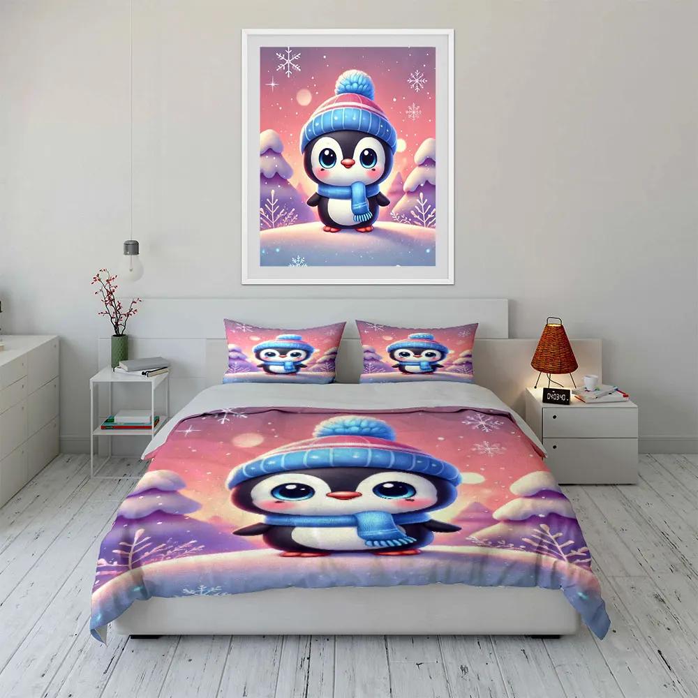 Cute Penguin Winter Decor Set Bedding Set with 1 Duvet Cover 2 Pillowcases Single Double King Queen Gift