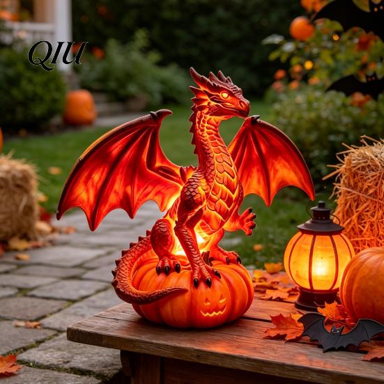 Seasonal Spooky Table Decoration Dragon Solar Garden Light, Halloween Night Resin Gothic Pumpkin Unique Gift for Lovers Statue, Medieval Fantasy