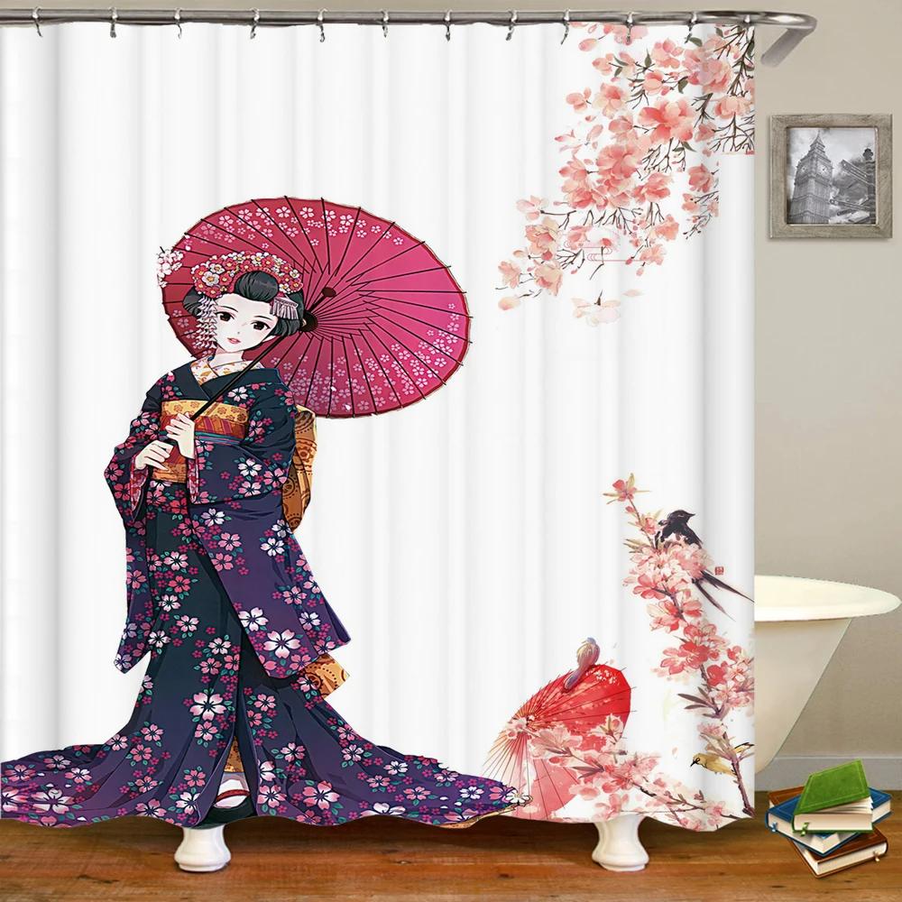 

Japanese style woman flowers shower curtains home decoration curtain with hooks waterproof polyester bathroom curtain 240*180cm W90xH180cm