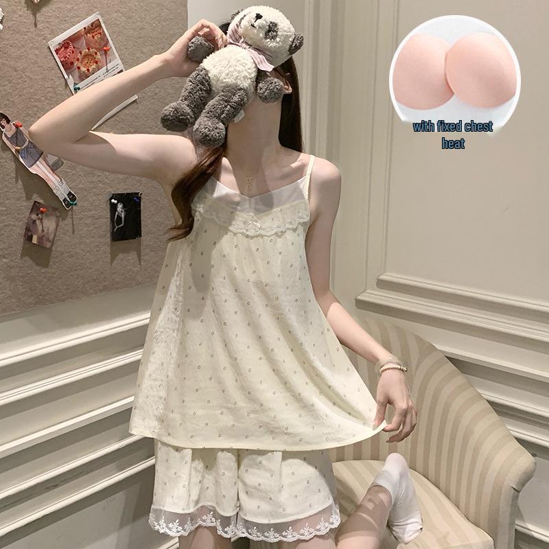 Princess Style Cloud Cotton Pajama Set for Women with Built-in Bra