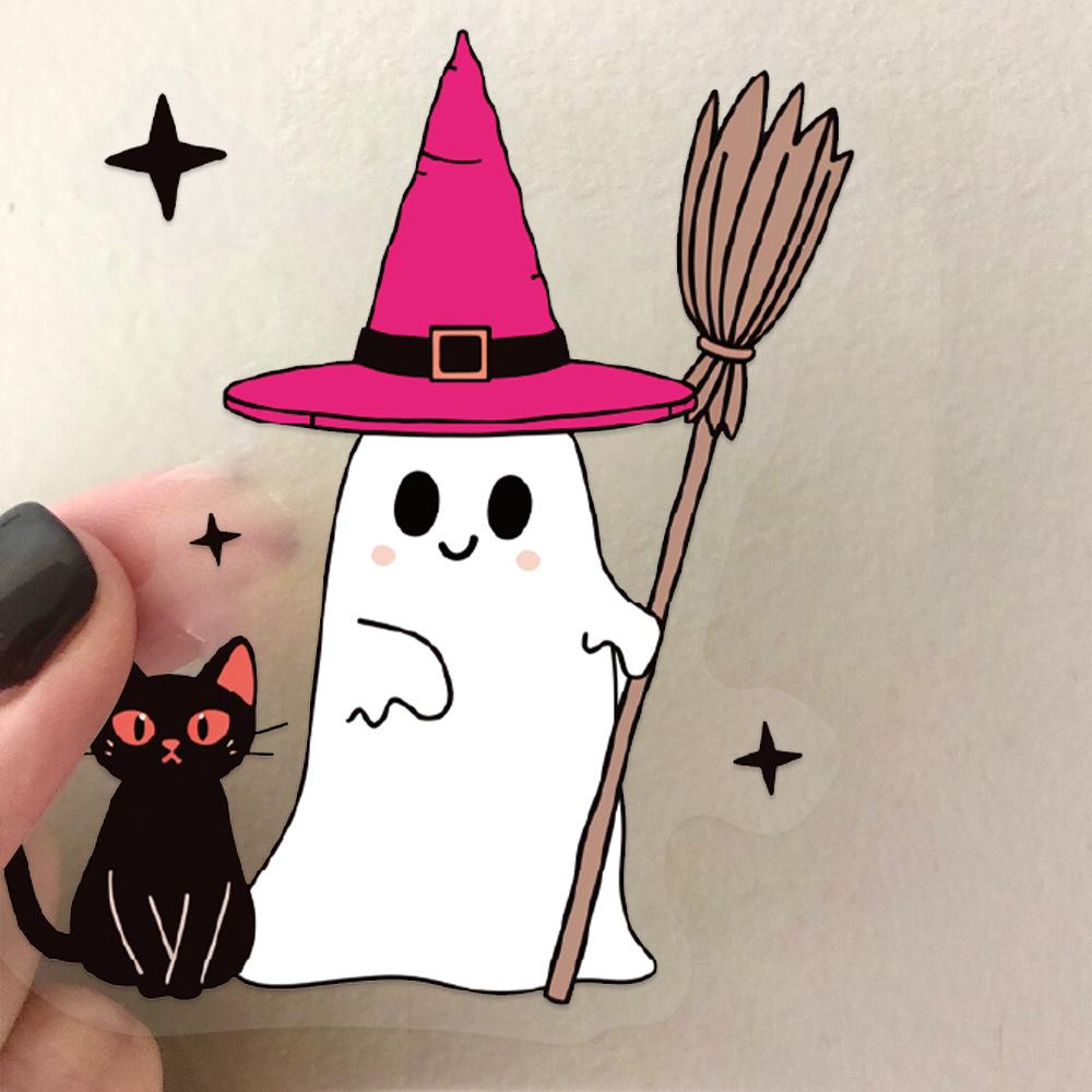 50Pcs Transparent Cartoon Pink Halloween Sticker Packs, Waterproof Transparent PET Hand Account Decorative Guitar Notebook Stickers