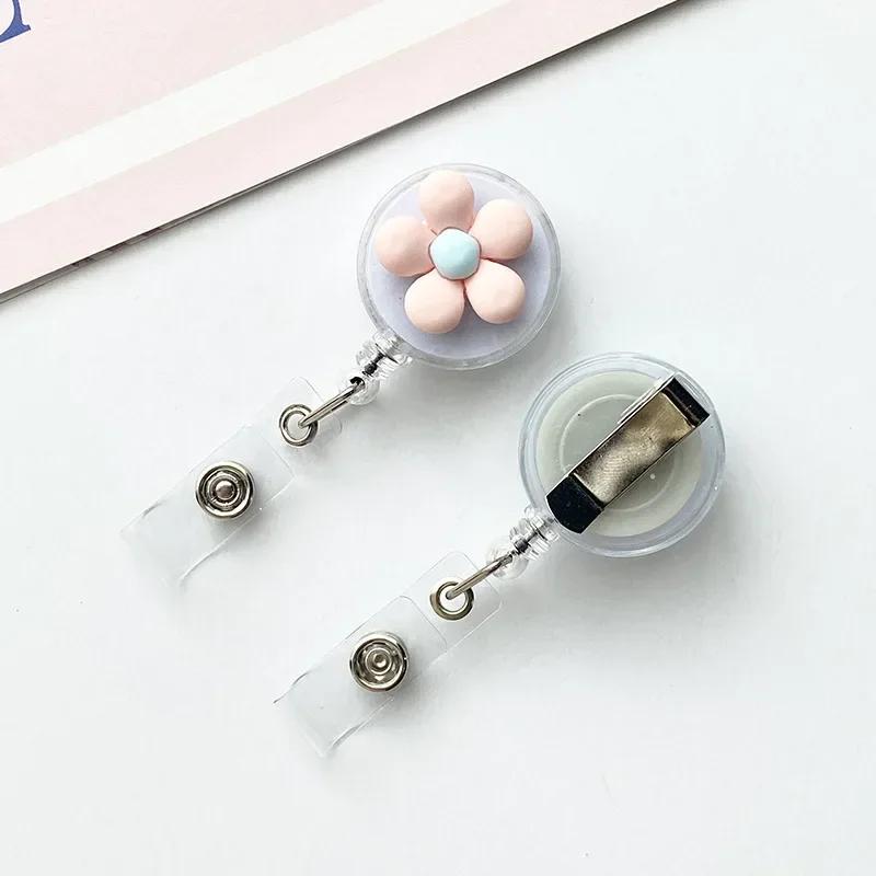 Women Cute Flower Retractable Badge Reel ID Lanyard Name Tag White Collar Badge Holder Reels Keychain Card Holder Accessories