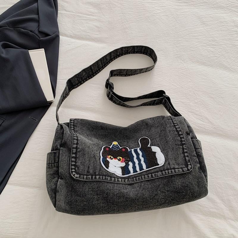 

New Cute Cat Towel Embroidery Denim Tote Shoulder Bag Large Capacity Fashi Crossbody Bag Texture and Versatile Storage Bags чёрный