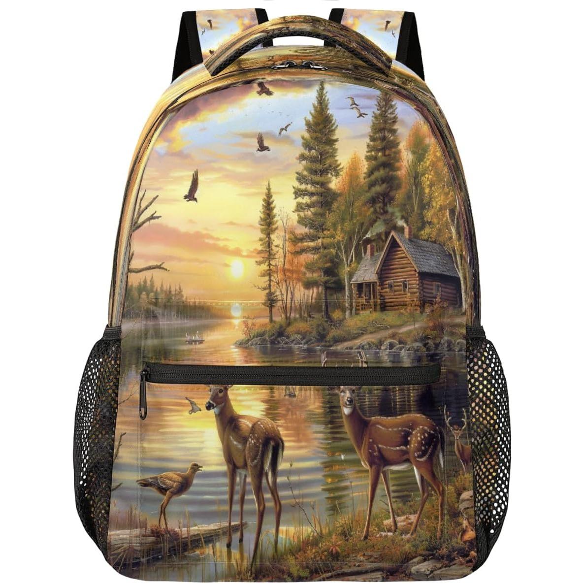 

Autumn Forest River Deer Backpack Laptop Backpacks Casual College Travel Bag Hiking Daypack for Women Men one size