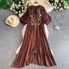 Slack style elegant lace-up round neck lantern sleeve dress women's summer loose belly cover and thin retro embroidery dress
