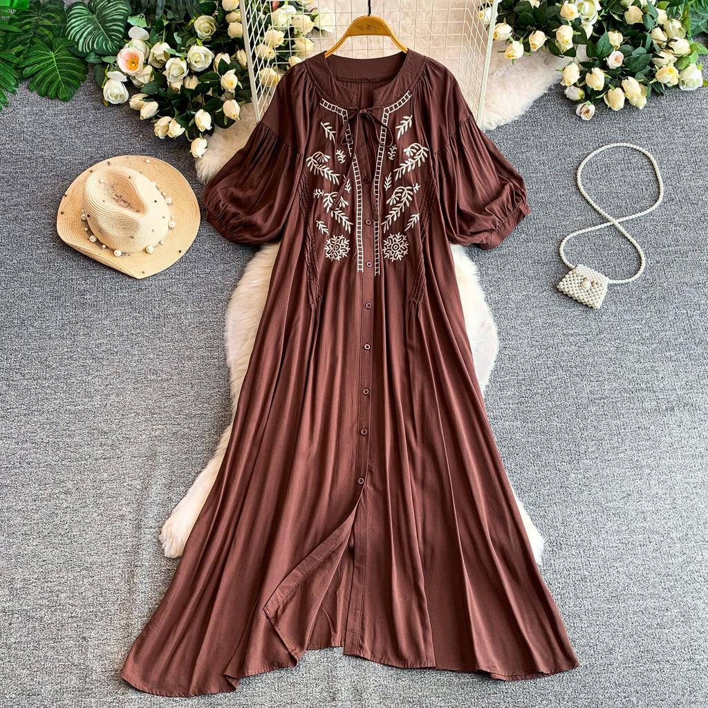 Slack style elegant lace-up round neck lantern sleeve dress women's summer loose belly cover and thin retro embroidery dress