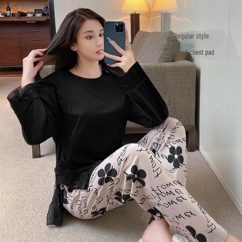 Women's Pure Cotton Long-Sleeve Pajama Set with Chest Pads - Large Size, Spring/Autumn 2025