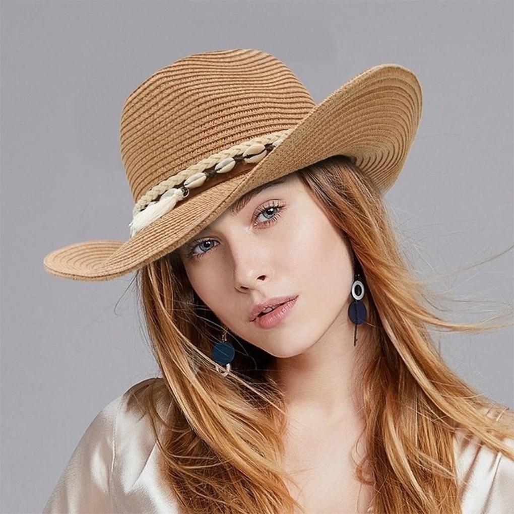 Polyester Sturdy And Durable Cowboy Straw Hat Outdoor Adventures Natural Straw Shell Hat Beach Cap