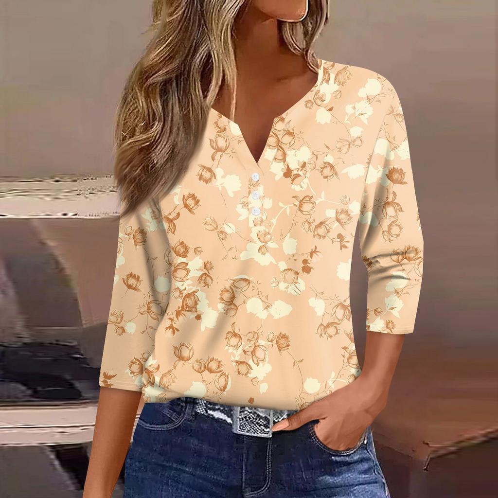 Women's T Shirt Tee Print Button 3/4 Sleeve Daily Weekend Fashion Basic V- Neck Regular Top