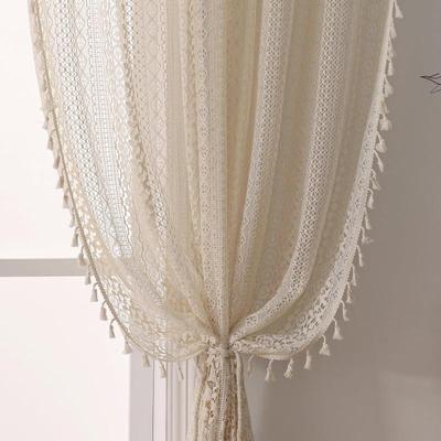 Rideaux Crème Vintage Rideaux Bohèmes pour Chambre 1 pièce, Décor Bohème Ferme Dentelle Crochet Voile Intimité Lumière à Pompon Longs Rideaux de Fenêtre Passe-tringle