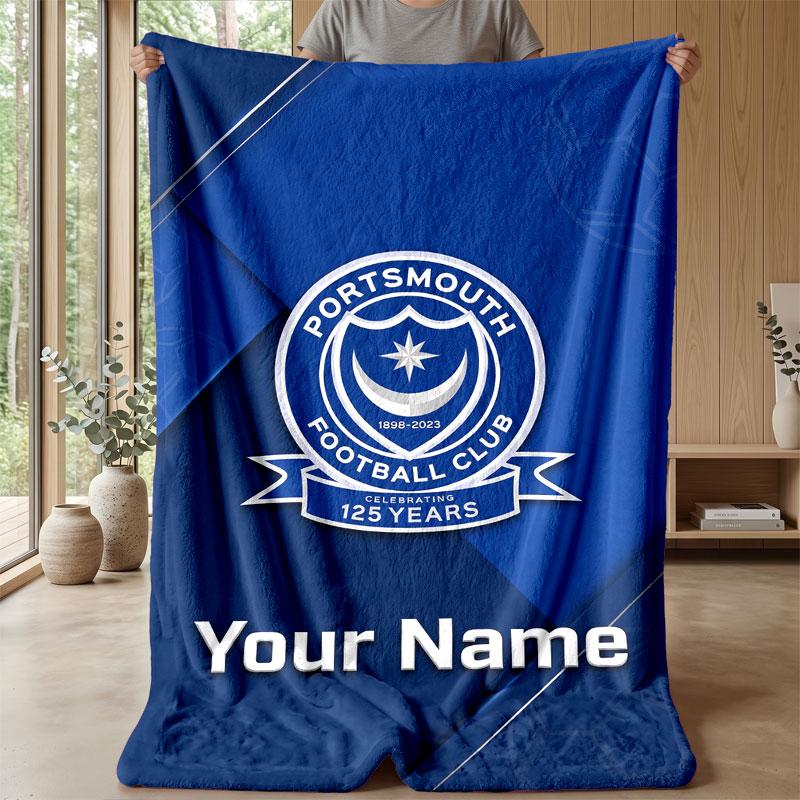 Portsmouth FC Custom Name Text Flannel Blanket Soccer Logo Personalized Fleece Throw Blanket Special Gift For Sofa Bedroom Home