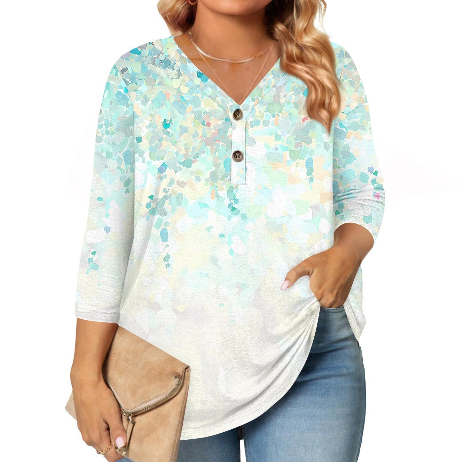 

Womens 3/4 Length Sleeve Tops Plus Size Button Down V Neck Shirts Blouses Casual Printing Loose XXL