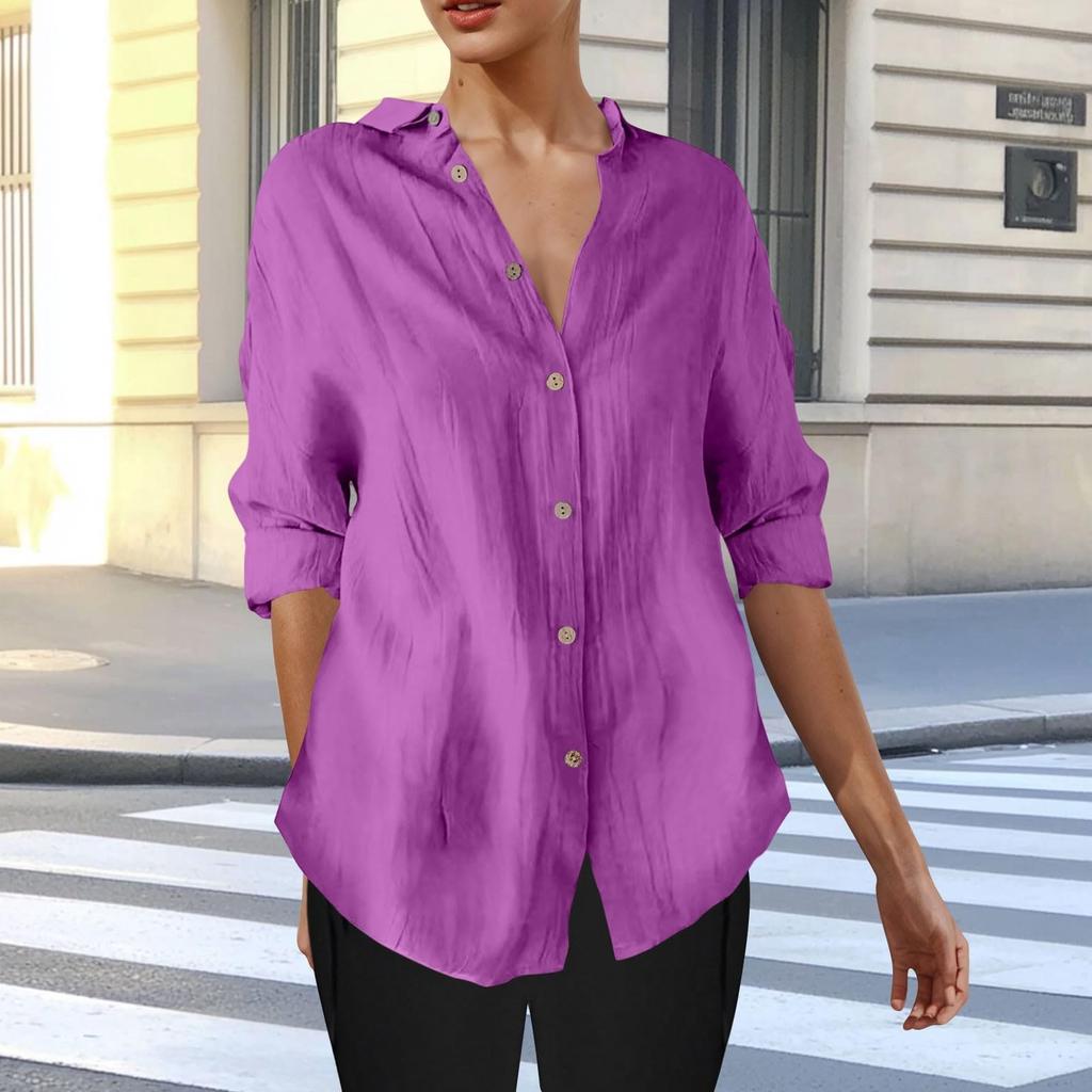 Long Sleeve Linen Shirts For Women Button Down Loose Solid Color Blouse Lightweight Casual Lapel Tunic Tops