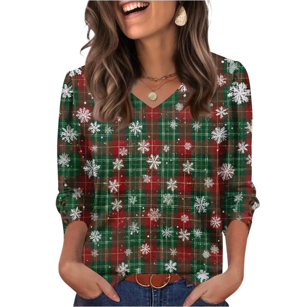 Women's Fashionable Casual Christmas Printed V-neck Top