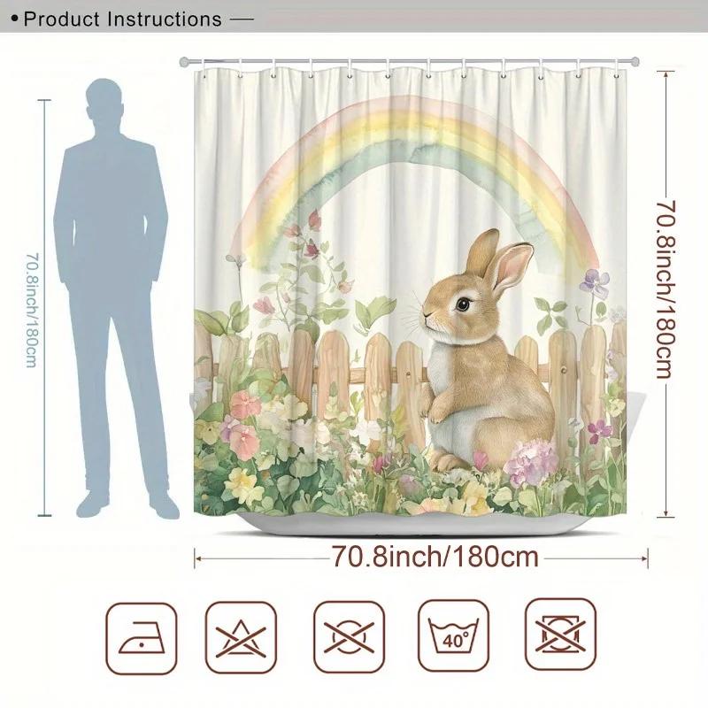 

1Pc Woods Bunny & Rainbow Shower Curtain - Polyester, Washable, 12 Hooks, 70.8X70.8 , Fashion Bathroom Decor W60H190(CM)-1 Pcs