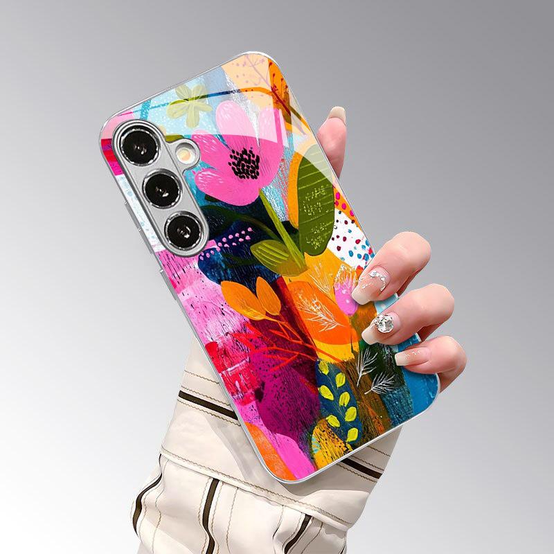 Floral Patchwork Pattern 2D Phone Case for Samsung S26 S25 S24 S23 S22 S21 S20 A56 A36 A16 Electroplated Glass Protective Cover