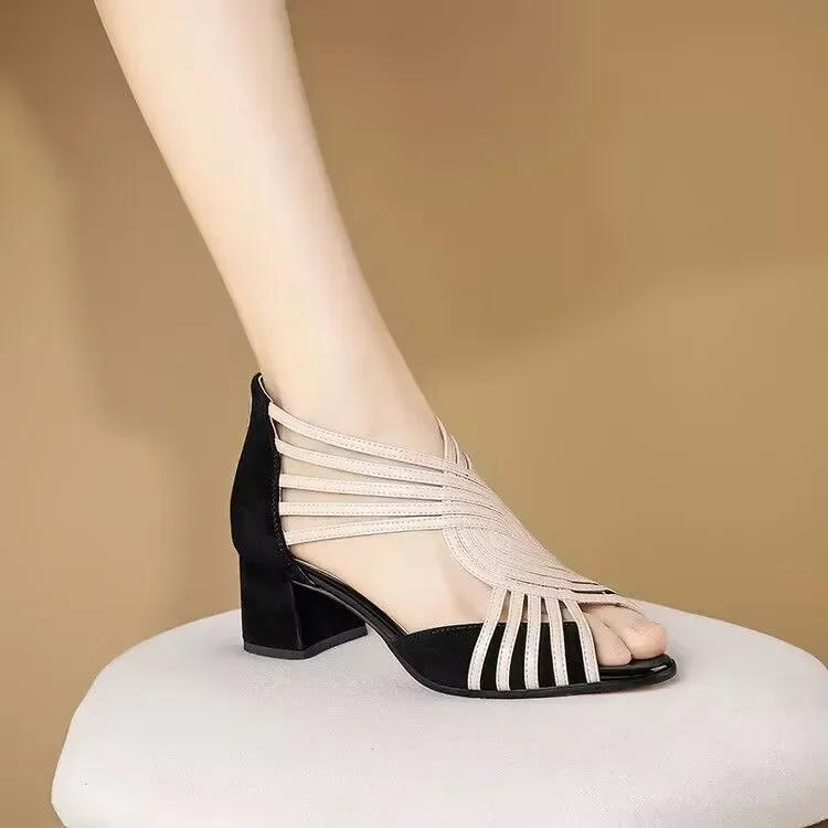 

Модная женская обувь Новые туфли с закрытой пяткой и открытым носком Женские сандалии Модные с узким ремешком Платье Элегантные сандалии Женские С молнией сзади Массивный каблук Женские 35