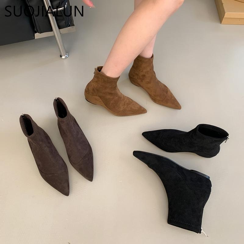 Fashion SUOJIALUN 2025 New Brand Women Ankle Boots Fashion Pointed Toe Ladies Slides Zipper Ladies Elegant Short Boots Low Wedge Heel Sh