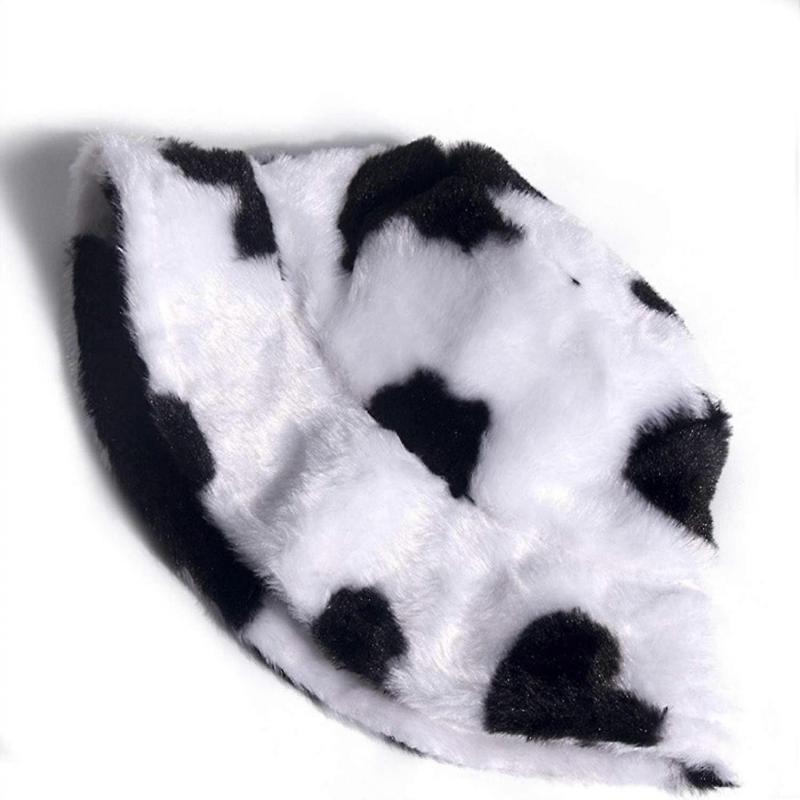 Milk Cow Print Faux Fur Bucket Hat - Fluffy Winter Fisherman Cap