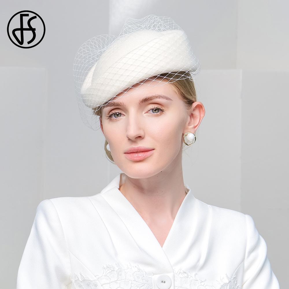 

White Beret Wedding British Top Hats For Women Elegant Church Wool Fedoras With Veil Ladies Black Cap Female Winter