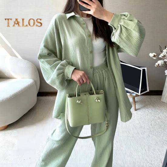 2 Pcs/Set Women Shirt Pants Set Turn-down Collar Single-breasted Long Sleeves Loose Top Elastic Waist Wide Leg Trousers Sport Tracksuit