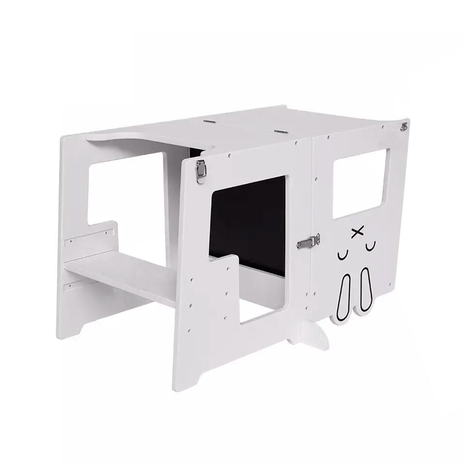 Kitchen Helper Foldable Aid Easel Toddler Step Stool for Kids Step-Up Standing Tower Learning Stool Hare White