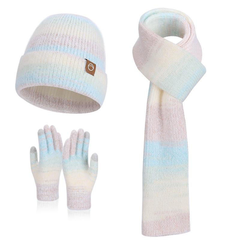 Knitted Hat Scarf Gloves Threepiece Winter Warmth Set For Ladies With Wind Resistance