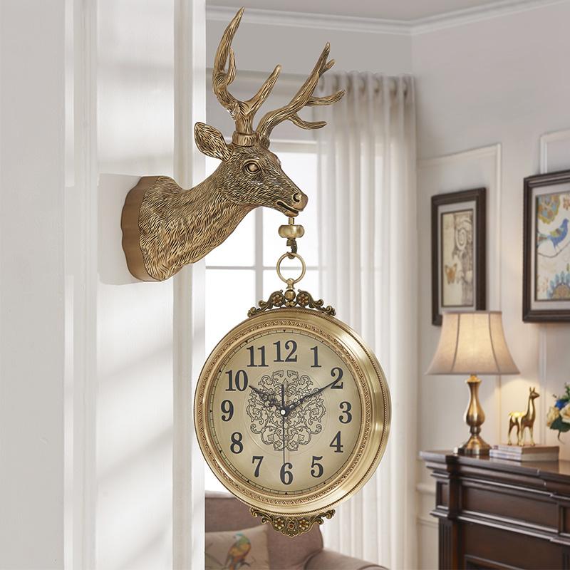 Retro Deer Head Double-Sided Hanging Clock Metal Dial And Mirrored Glass Clock Artistic Decoration In Guest Rooms Clock Watch