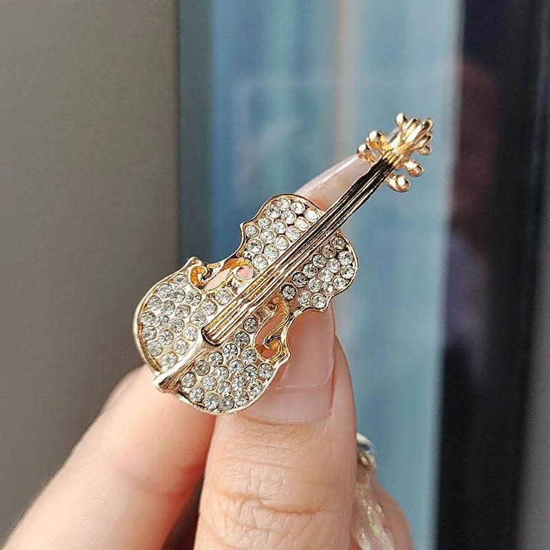 Creative Alloy Violin Brooch Accessory with Rhinestone Decoration for Clothing Bag Hat Jewelry Gift Pin