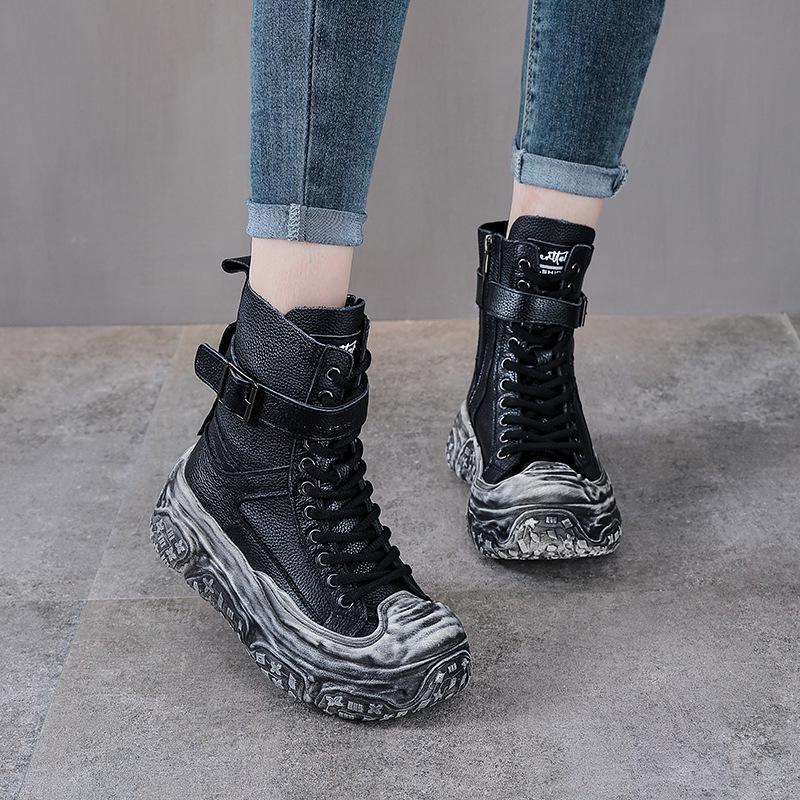 Damen Vintage Leder Motorrad Stiefeletten - Dicke Sohle, Martin Stil, Herbst/Winter Kollektion, Plus Baumwollfutter.