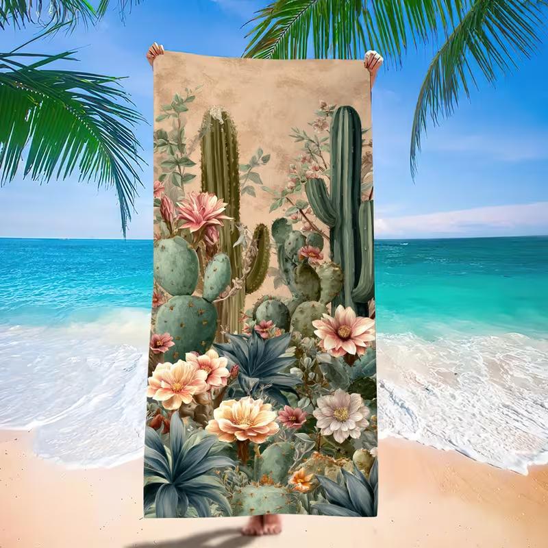 Vintage Cactus Floral Print Beach Towel Soft Sand Free Towel for Beach Pool Travel Spa Camping Summer Vacation