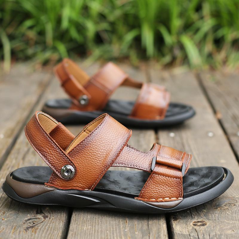 Fashion New Arrival Summer Flats Quick Dry Men's Sandals Handmade Leather Beach Shoes for Men Outdoor Sports Male Wading Aqua Footwear