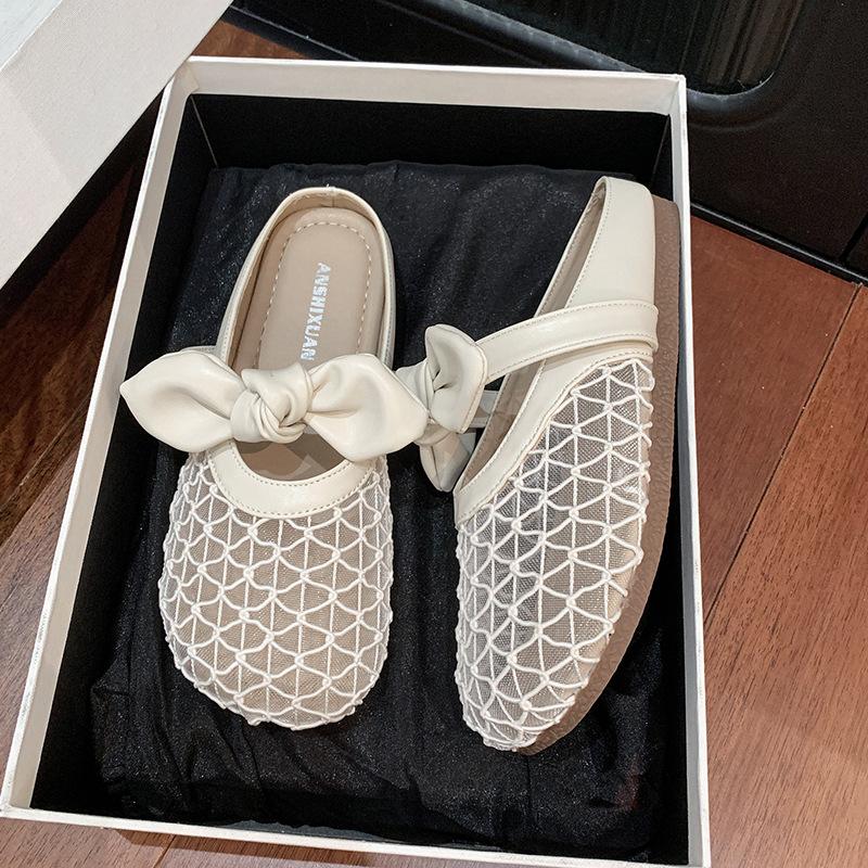 French flat-bottom bow fishing net bag head half slippers women's summer wear 2025 new one-pedal single shoes sandals