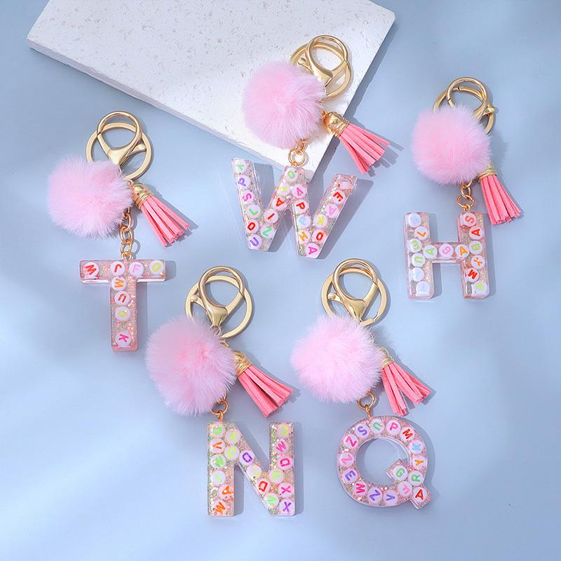 1PC Keyring Key Accessory Letter Filled Colourful Initial Pendant With Fluffy Keychain Glitter Tassel Charms For  Bags Backpacks