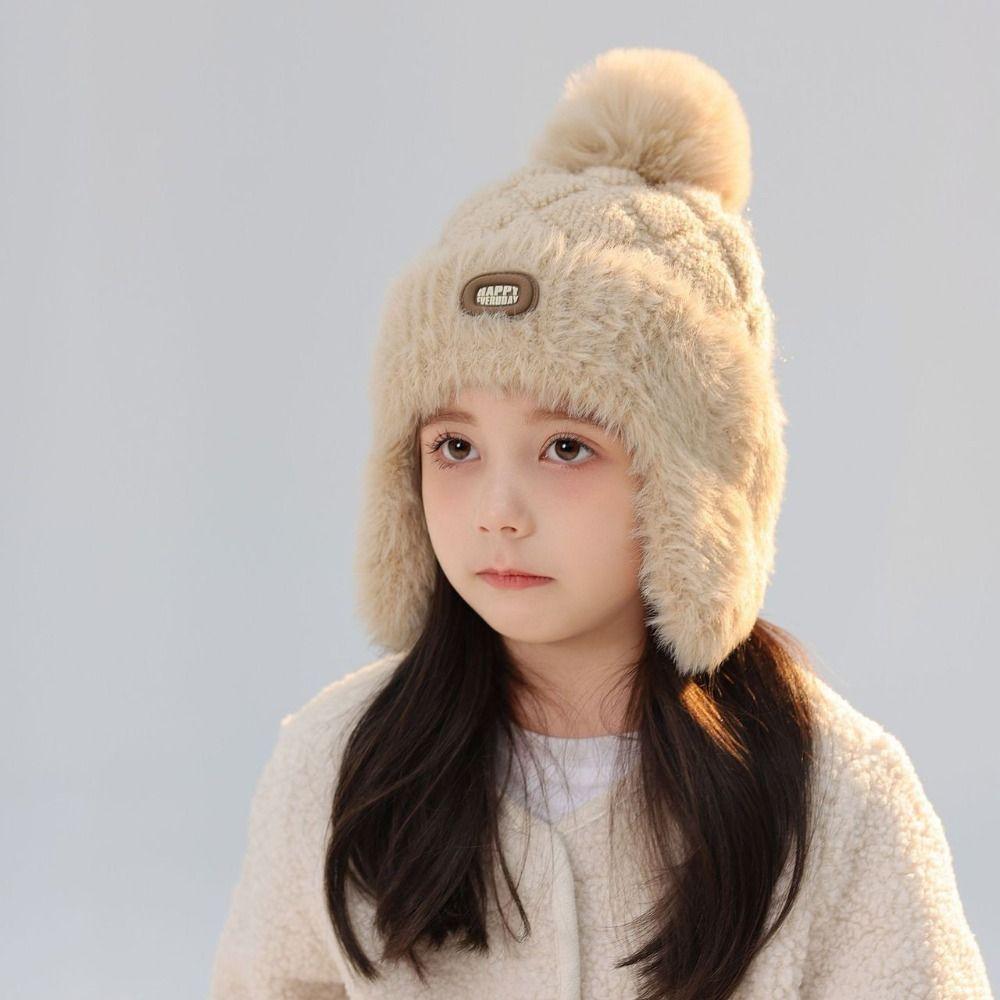 Plush Winter Knitted Hat Solid Color Earflaps Bonnet Hat Fashion Kids Beanie Cap