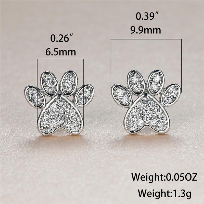 Cute Heart Cat Paw White Zircon Stud Earrings For Women Vintage Fashion Animal Footprint Crystal Stone Earrings Wedding Jewelry