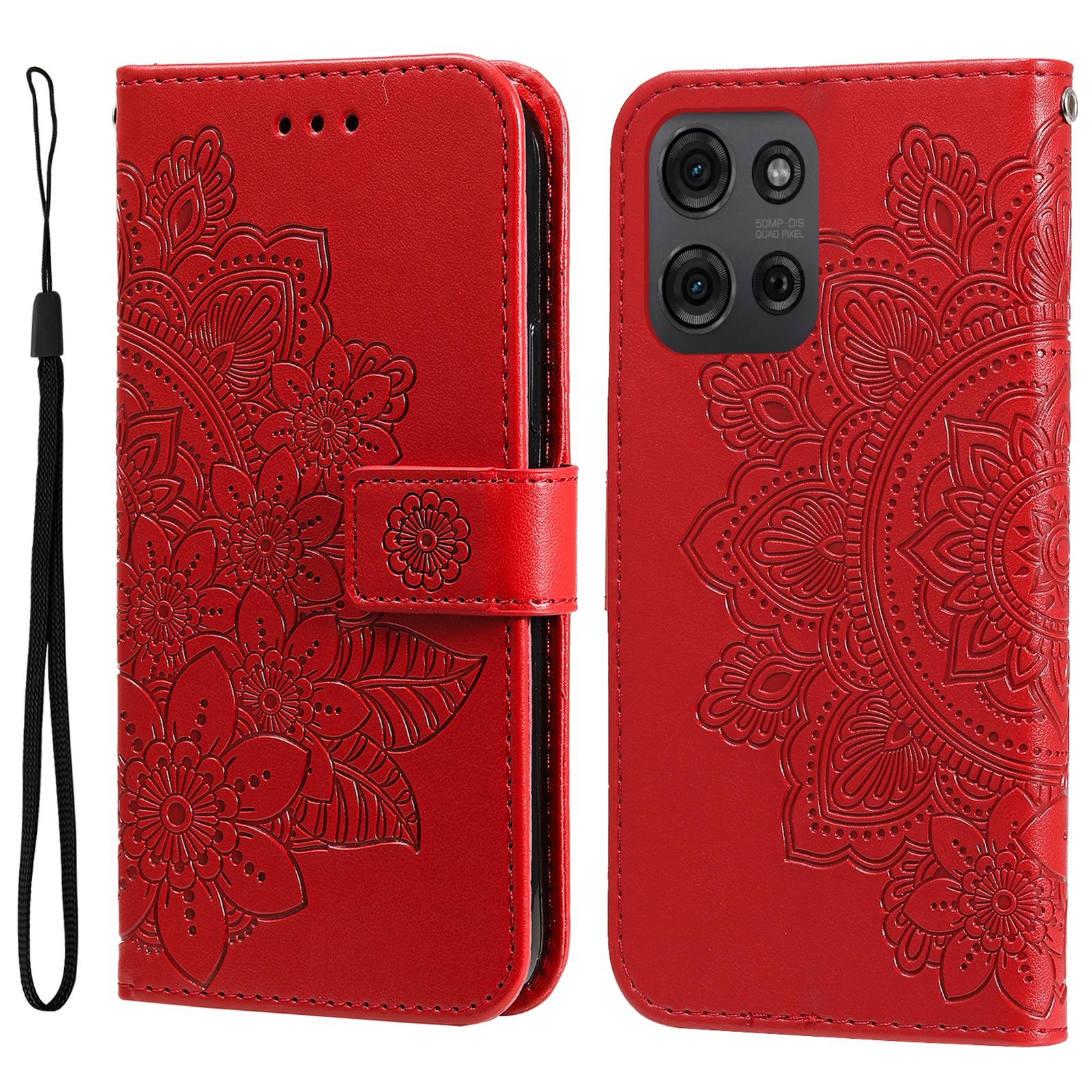 

For Motorola Moto G75 5G Case Floral Pattern PU Leather Wallet Stand Phone Cover Red