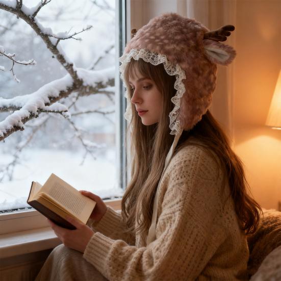 Winter Hat with Cartoon Deer Ears Plush Lining Ear Protection Hat Thickened Warm Adjustable Fit Leg Warmers Winter Wear