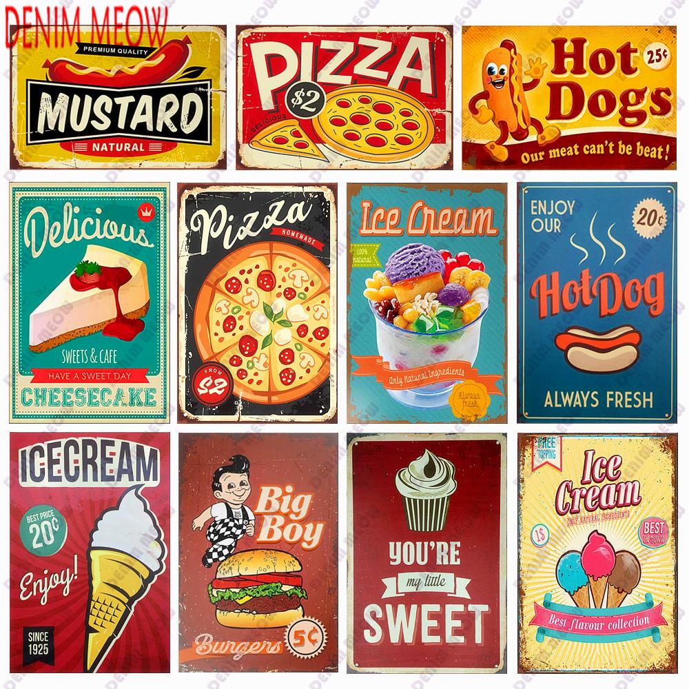 Pizza Metal Sign Plaque, Vintage Fast Food Tin Sign, Ice Cream Wall Decor, Hot Dog for Kitchen, Diner Bar, Bread Room Decor, WY4
