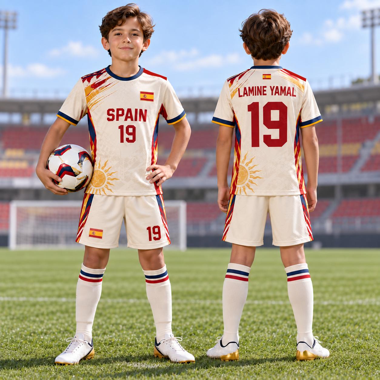 2-teilige Sets Kinder Trainingsanzug Yamal #19 Aufdruck T-Shirt+Shorts Set Eltern-Kind Fußballtrikot Anzug Sport Kinder/Erwachsene Kleidung 120