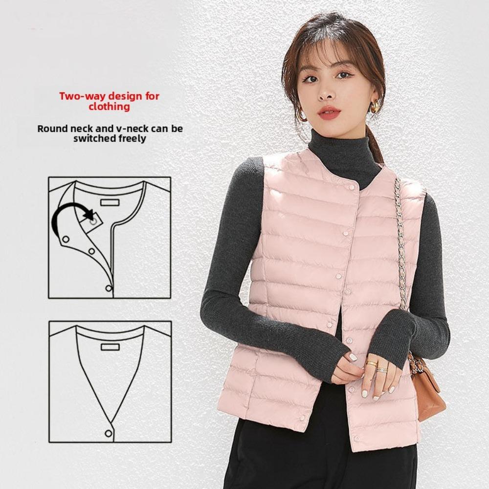 Women Collarless Down Vest Lightweight V Neck Warm Inner Liner Plus Size