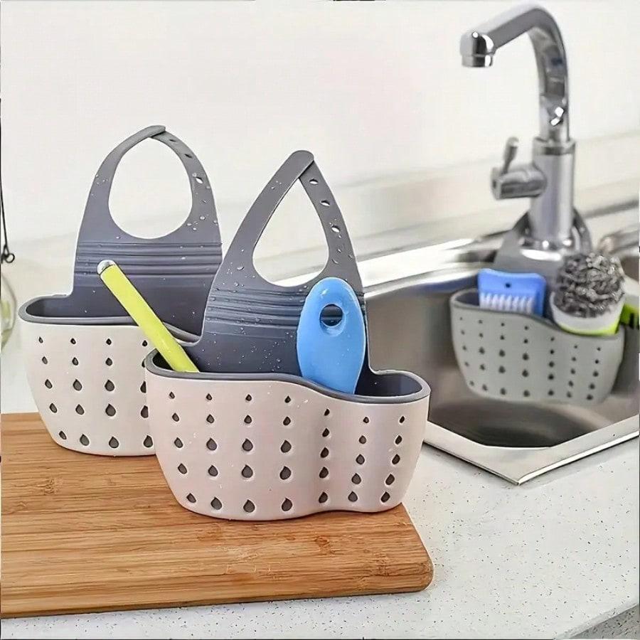 1pc Sink Hanging Drain Basket With Silicone Storage Box, Adjustable Shoulder Strap Drain Rack, Sponge Holder, Faucet Hanging Basket,Color Random