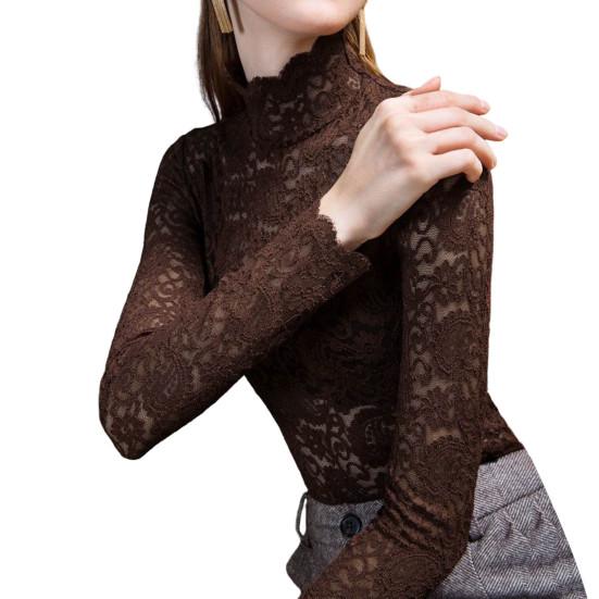 Women Bottoming Top Slim Fit High Collar Long Sleeve Hollow Out Solid Color Daily Collocation Thin