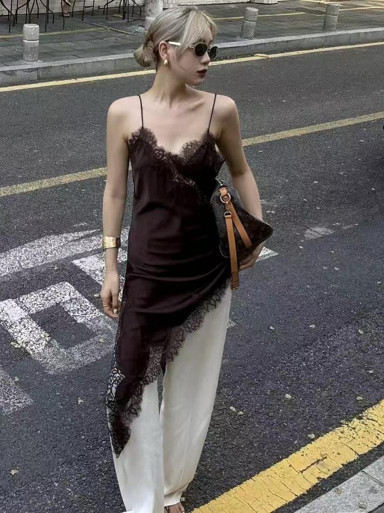 French Style Spaghetti Strap Lace Trim Dress with Irregular Hem - 2025 Summer Collection