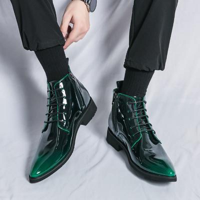 High Quality Trendy Lace Up Comfortable High Top Pointed Leather Shoes for Men's Patent Leather Glossy Fashionable Short Boots