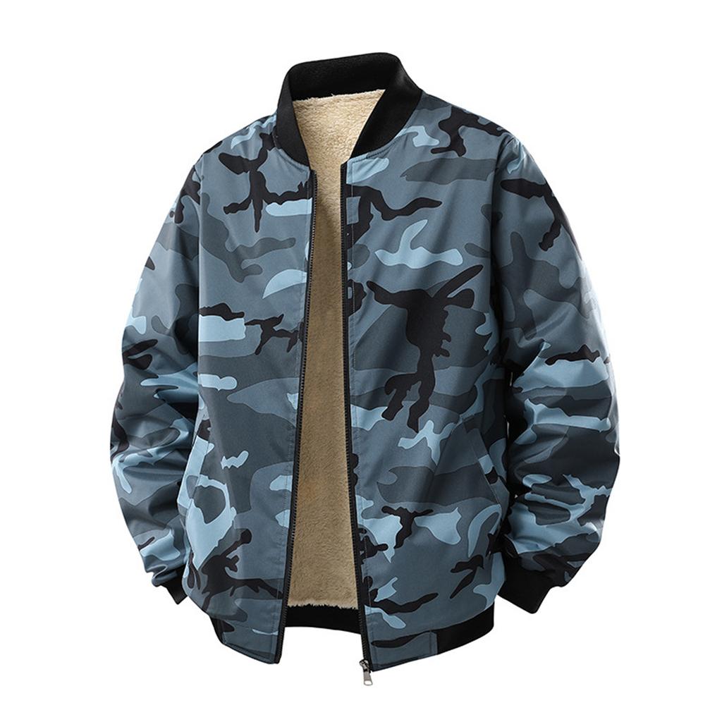 Men's Camouflage Baseball Jacket, Men's Stand Up Collar With Fleece Jacket, Windproof Winter Outdoor Lamb Fleece Jacket