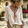 Women's Casual Vacation Floral Deep V-Neck Three-Quarter Sleeve Blouse with Puff Ruffle Cuffs