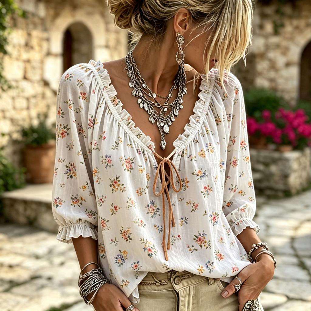 Women's Casual Vacation Floral Deep V-Neck Three-Quarter Sleeve Blouse with Puff Ruffle Cuffs